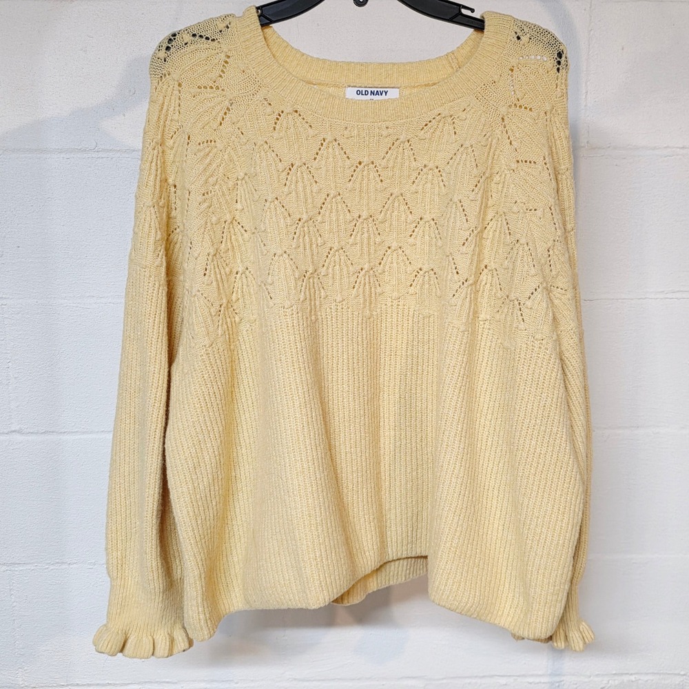 Old Navy Womens 3X Loose Crewneck Crop Sweater Yellow Ruffle Sleeve Pointelle